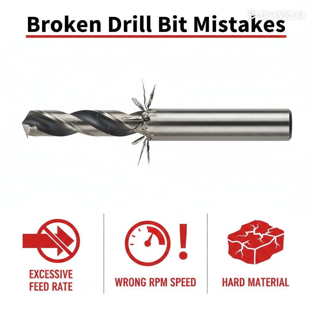 A broken drill bit next to a workpiece