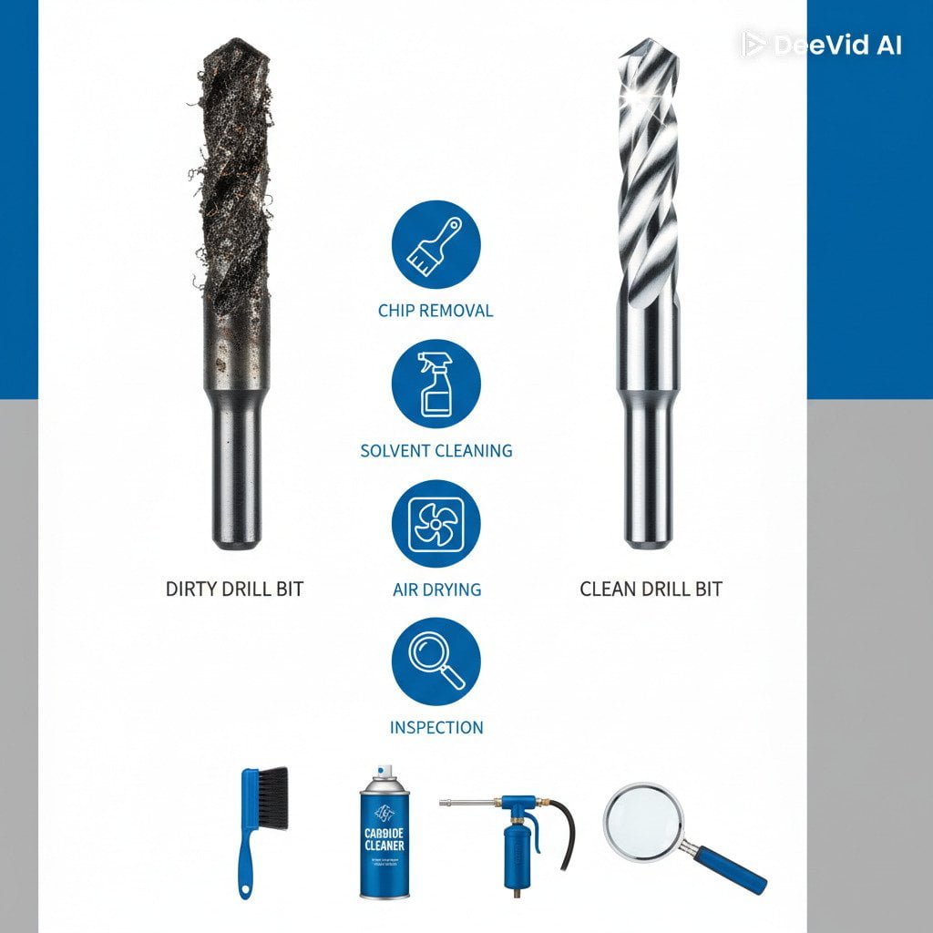 A person cleaning a carbide drill bit with a cloth