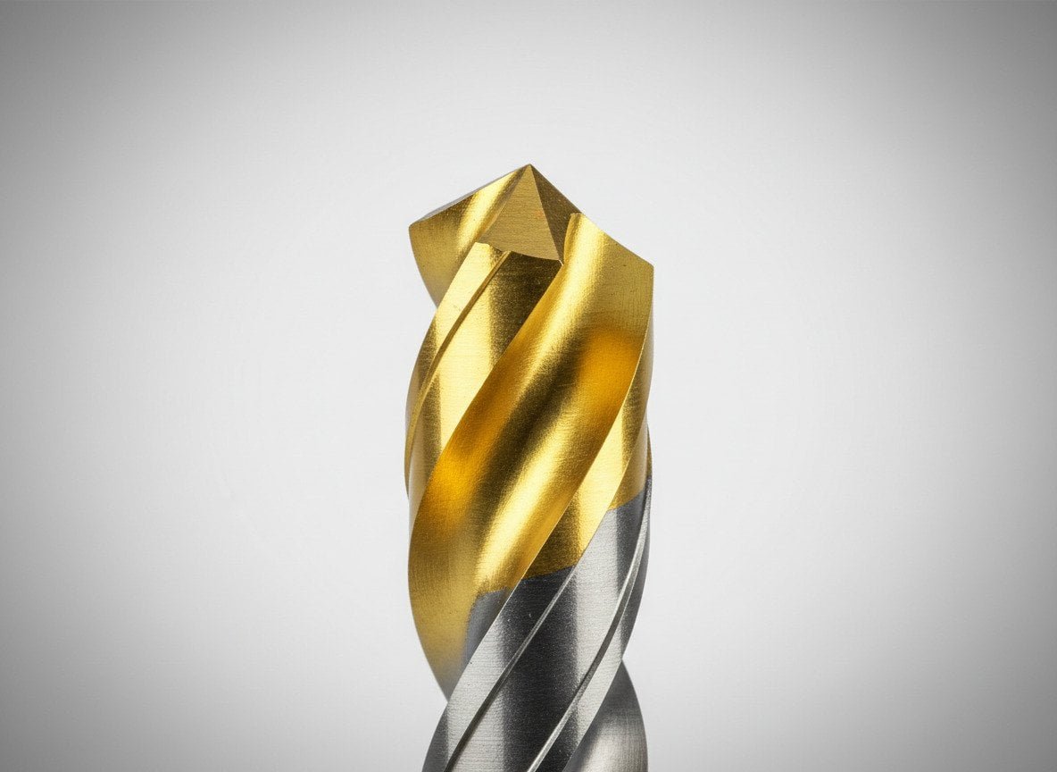 Close-up of a coated carbide drill bit tip