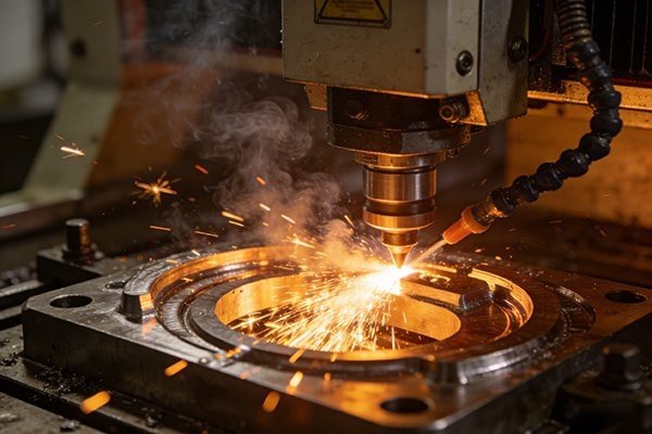 A high-performance end mill cutting through a block of metal with sparks flying.