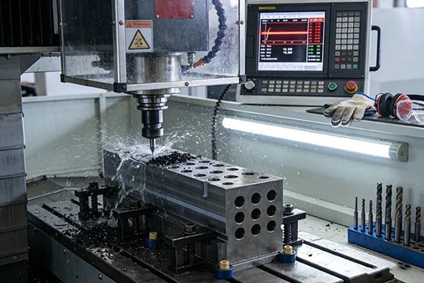 CNC machine drilling a metal block with a carbide bit