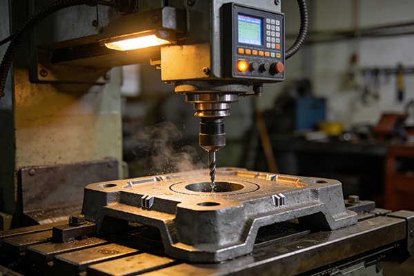 A CNC machine setup for drilling a cast iron part