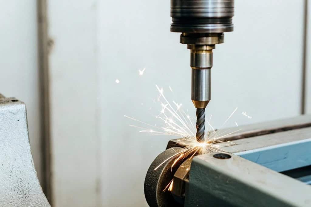 A CNC tool grinding machine resharpening a drill bit