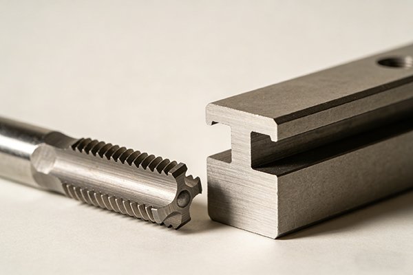 A T-slot cutter next to a finished T-slot in a metal part