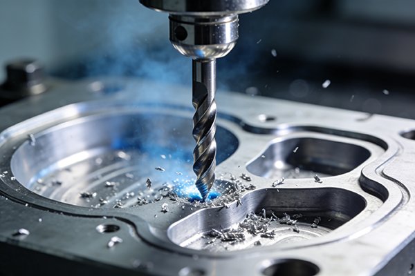 CNC machine cutting a slot in metal