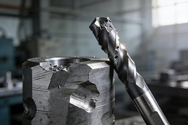 A broken drill bit on a metal workpiece