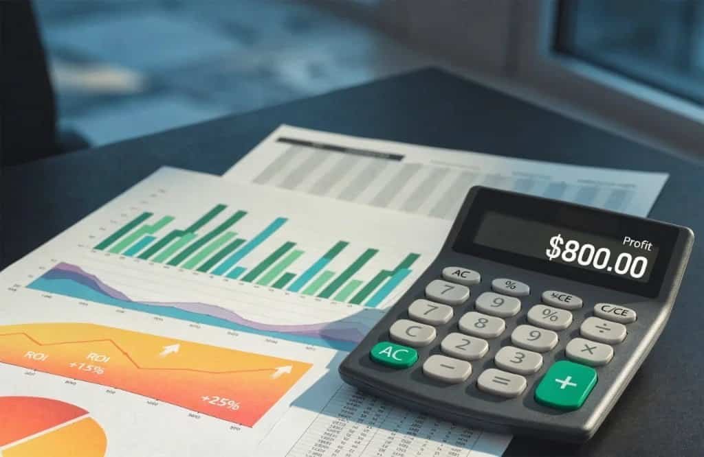 A calculator with charts showing positive ROI