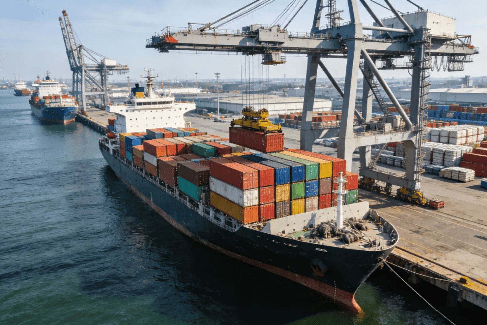 A cargo ship with containers, representing international shipping and logistics
