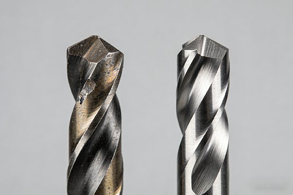 A coated HSS drill bit showing wear next to a pristine carbide-tipped drill