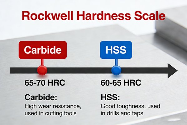A diagram comparing the hardness of carbide and HSS on a scale