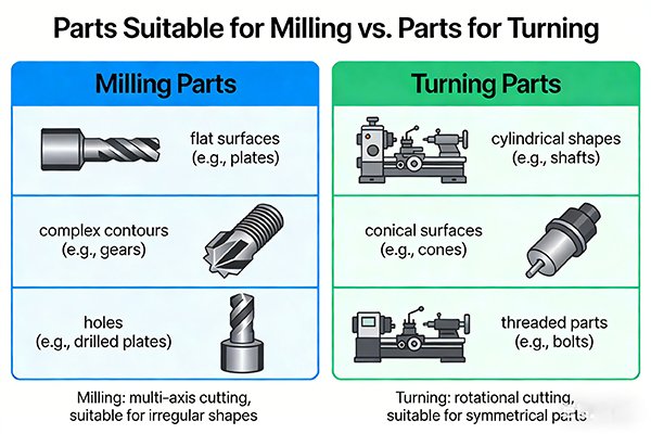 A diagram showing parts suitable for milling vs. parts for turning
