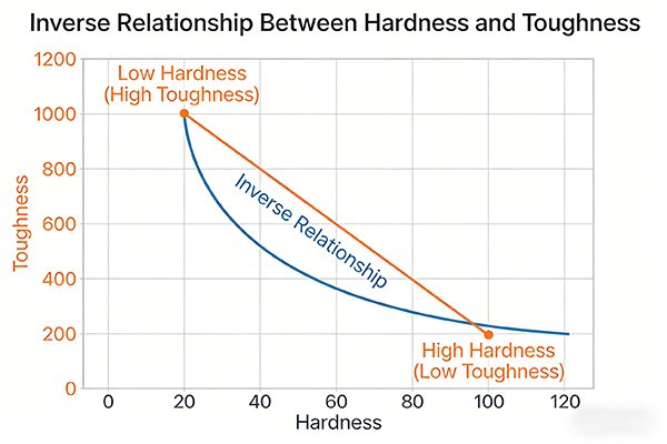 A diagram showing the inverse relationship between hardness and toughness