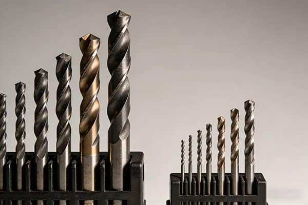 A large diameter carbide-tipped drill next to a smaller solid carbide drill