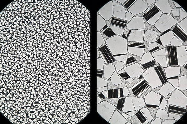 A microscopic view comparing the grain structure of carbide versus high-speed steel.