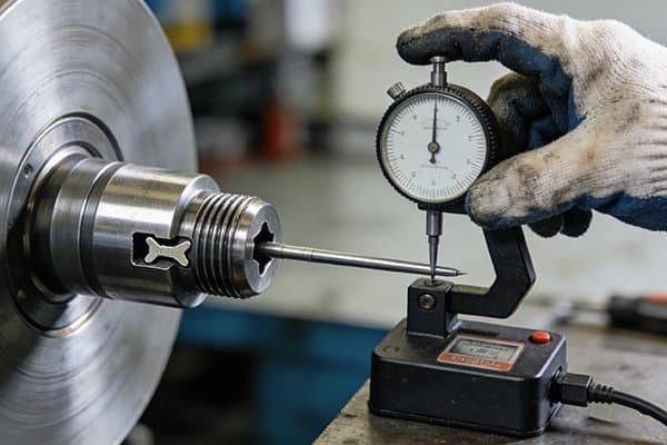 A machinist measuring the hardness of a steel block with a Rockwell hardness tester.