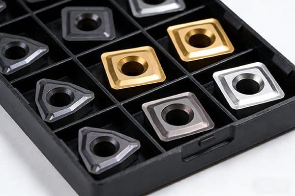 A close-up of a carbide insert showing its sharp cutting edge