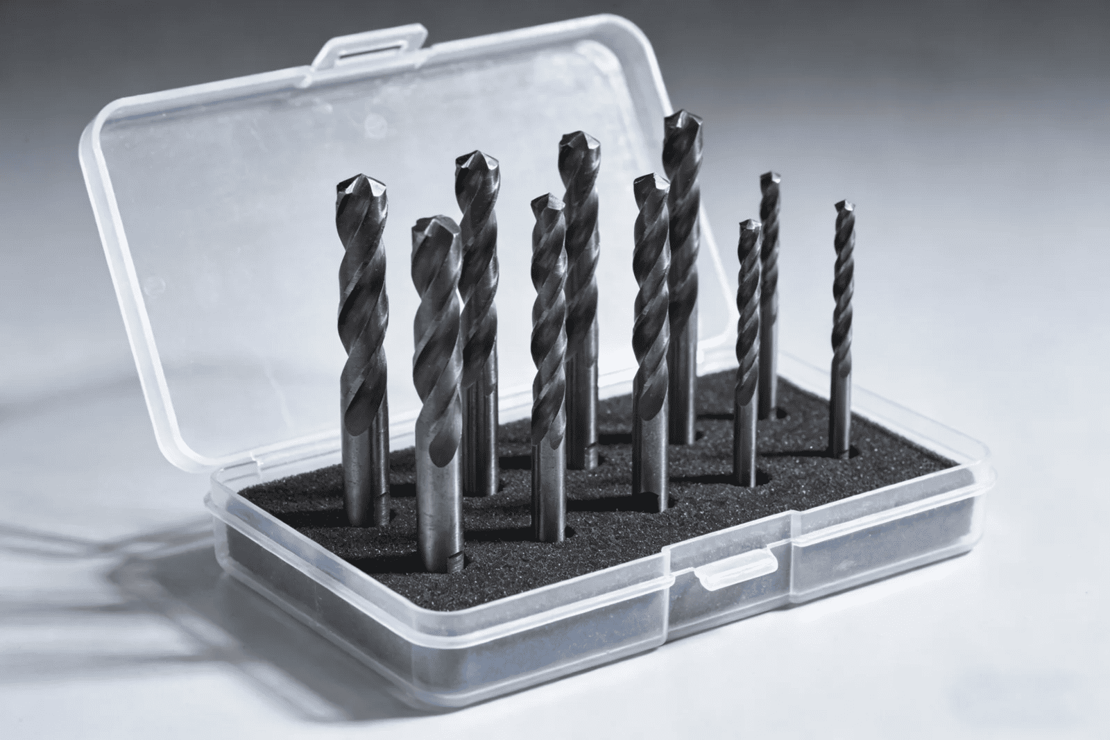 A set of solid carbide drill bits in a case