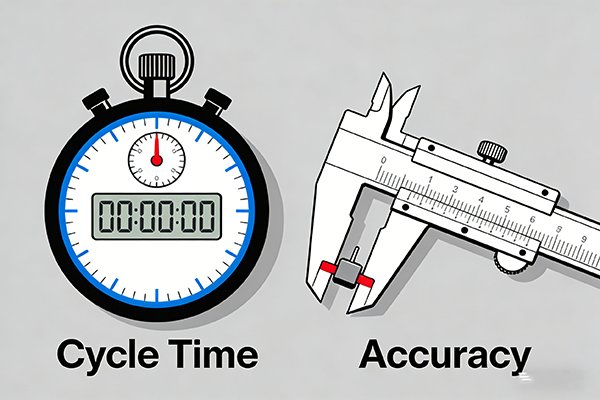 A stopwatch representing cycle time versus a micrometer representing accuracy.