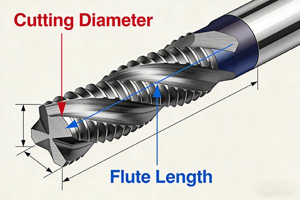 An end mill showing the difference between cutting diameter and flute length