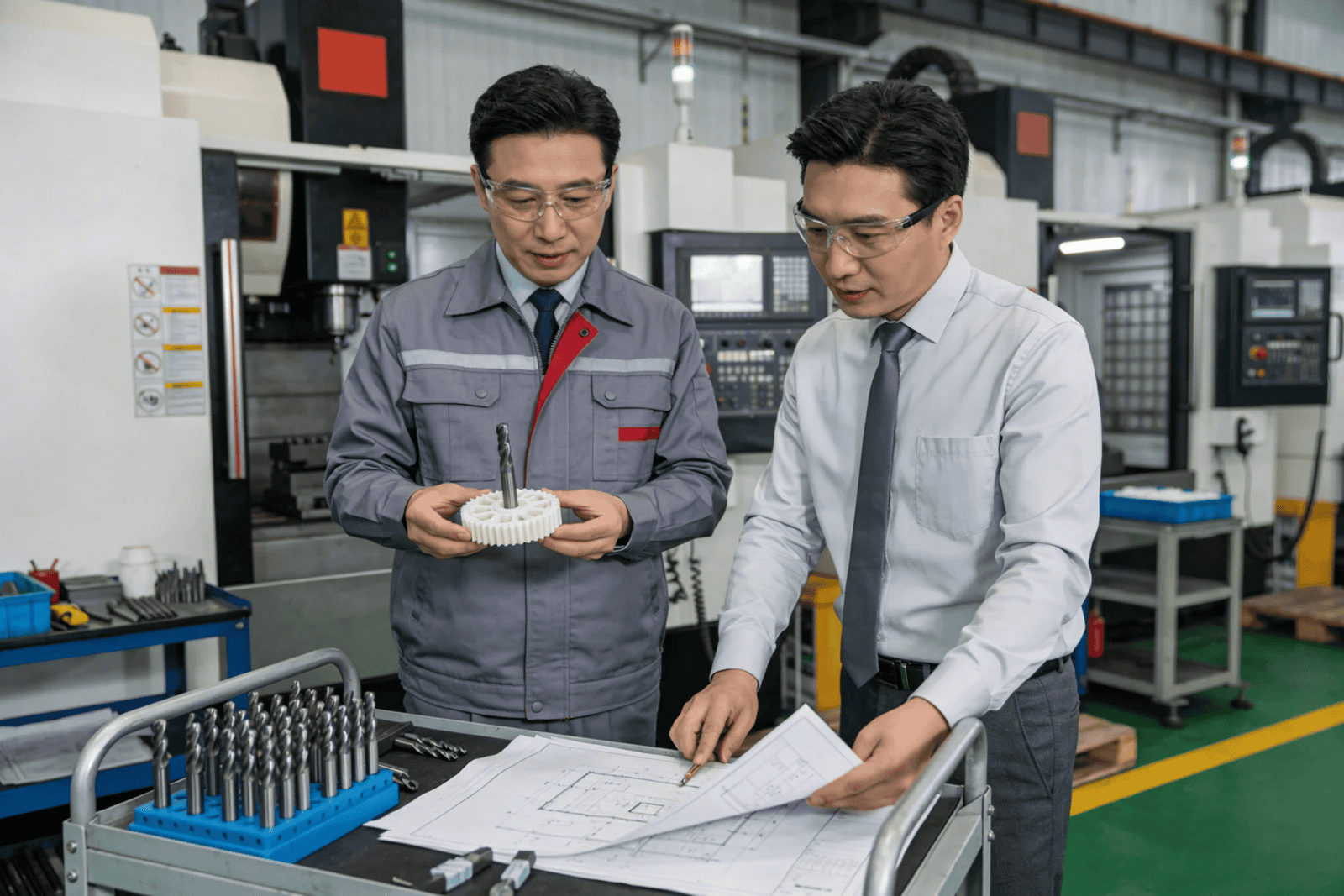 An engineer discussing technical drawings with a supplier