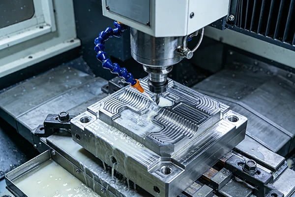 CNC machine with coolant running on a solid end mill