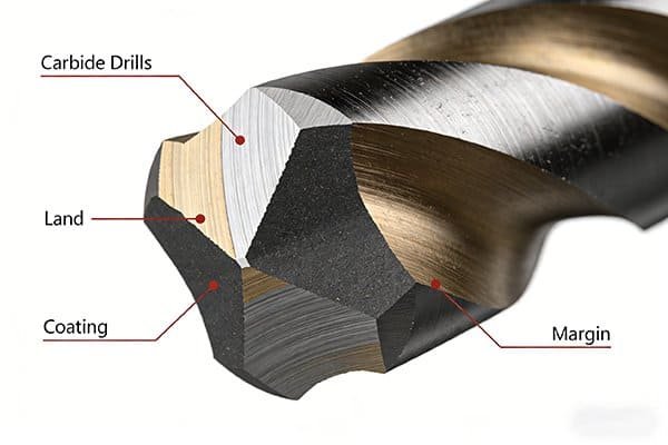 Close-up view of an end mill's helix angle and cutting edge
