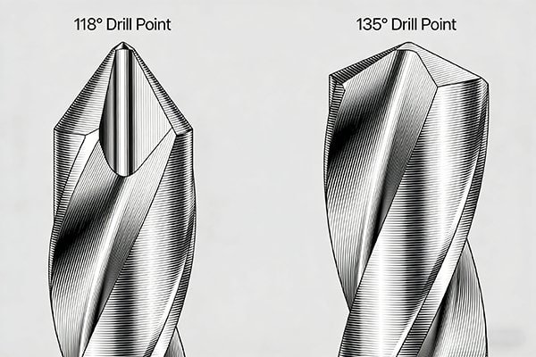 Diagram showing the difference between a 118-degree and a 135-degree drill point angle.