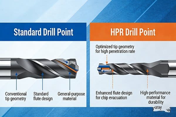 Diagram comparing a standard drill point to an HPR drill point