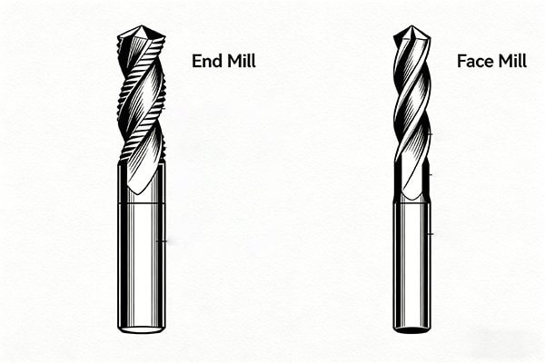 Diagram showing the cutting edges of a face mill and an end mill.