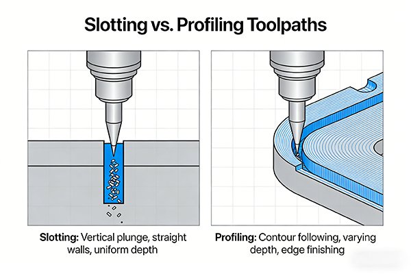 Diagram showing the difference between slotting and profiling toolpaths