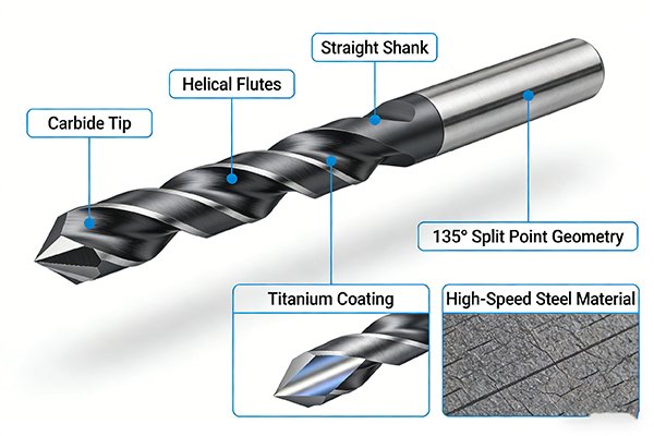 An annotated diagram of an end mill showing its different parts