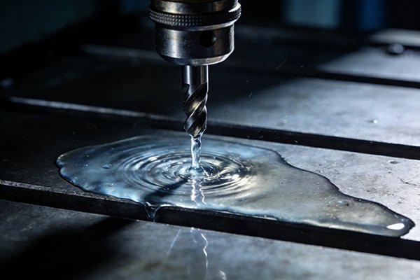 A CNC machine with proper coolant flow on a drill bit