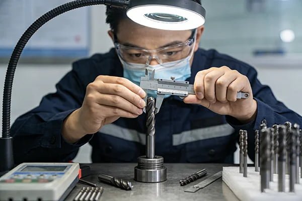 Technician inspecting a carbide drill bit