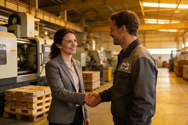 Two people shaking hands in a factory setting, symbolizing a reliable supplier partnership