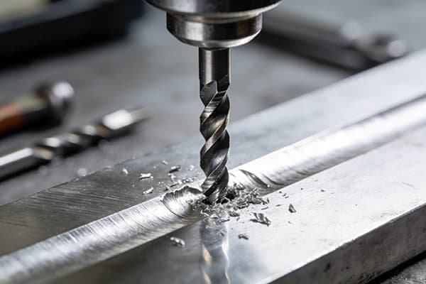 An end mill entering a pre-drilled hole on a CNC machine