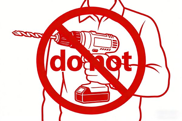 An image with a "do not" symbol over a person using a solid carbide drill in a handheld drill.