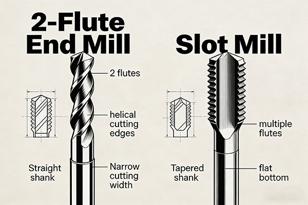 An end mill next to a slot mill for comparison
