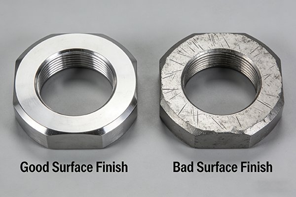 a comparison of a good and bad surface finish on a machined part