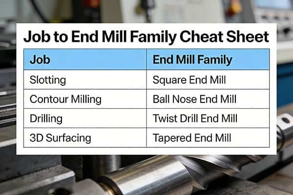 A clear chart showing different end mill profiles and their names