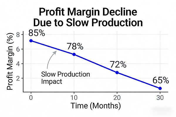 A graph showing a declining profit margin due to slow production.