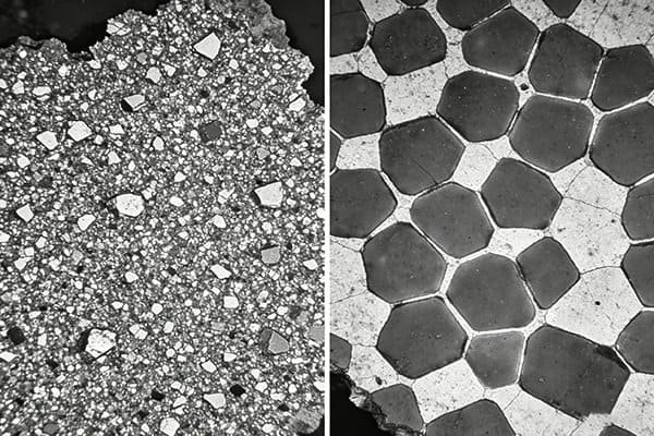 A microscopic view of a micro-particle carbide structure compared to a standard carbide structure.