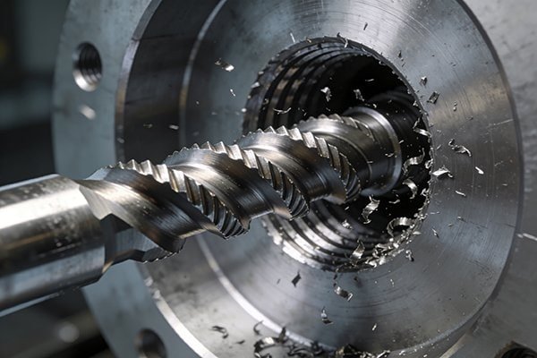 A thread mill creating internal threads in a hole.
