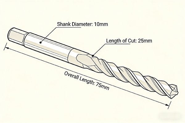 An end mill with callouts for shank diameter, length of cut, and overall length