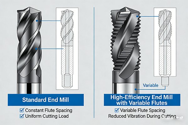 Comparison of a standard end mill and a high-efficiency end mill with variable flutes