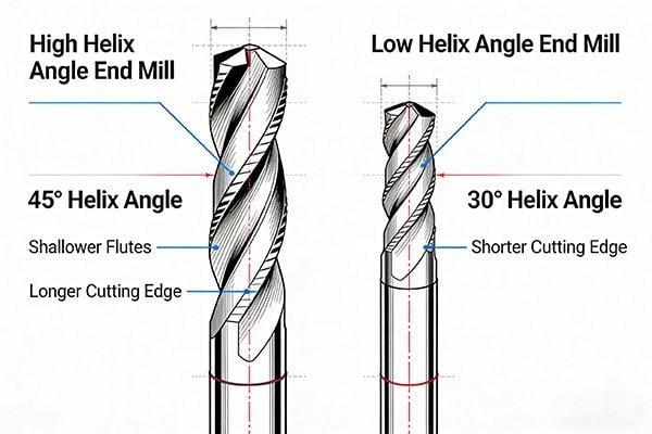 Diagram comparing a high helix angle end mill with a low helix angle end mill.