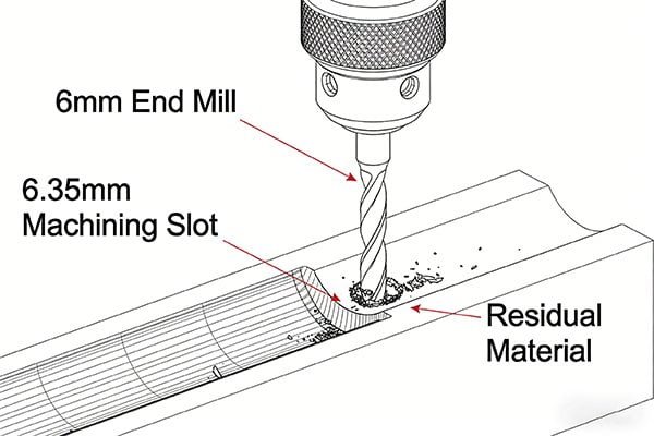 Diagram showing a 6mm end mill in a 6.35mm slot, leaving material behind