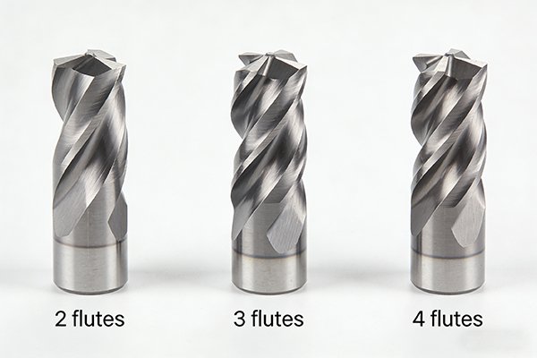End mills showing 2, 3, and 4 flutes